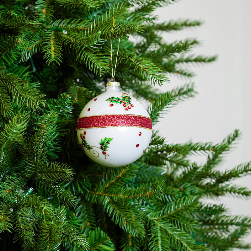 4" White Holly Red Beaded Glass Ball Ornament Set Of 12