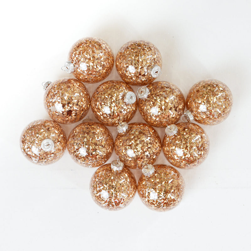 3" Gold Sequin Glass Ball Ornament Set Of 12