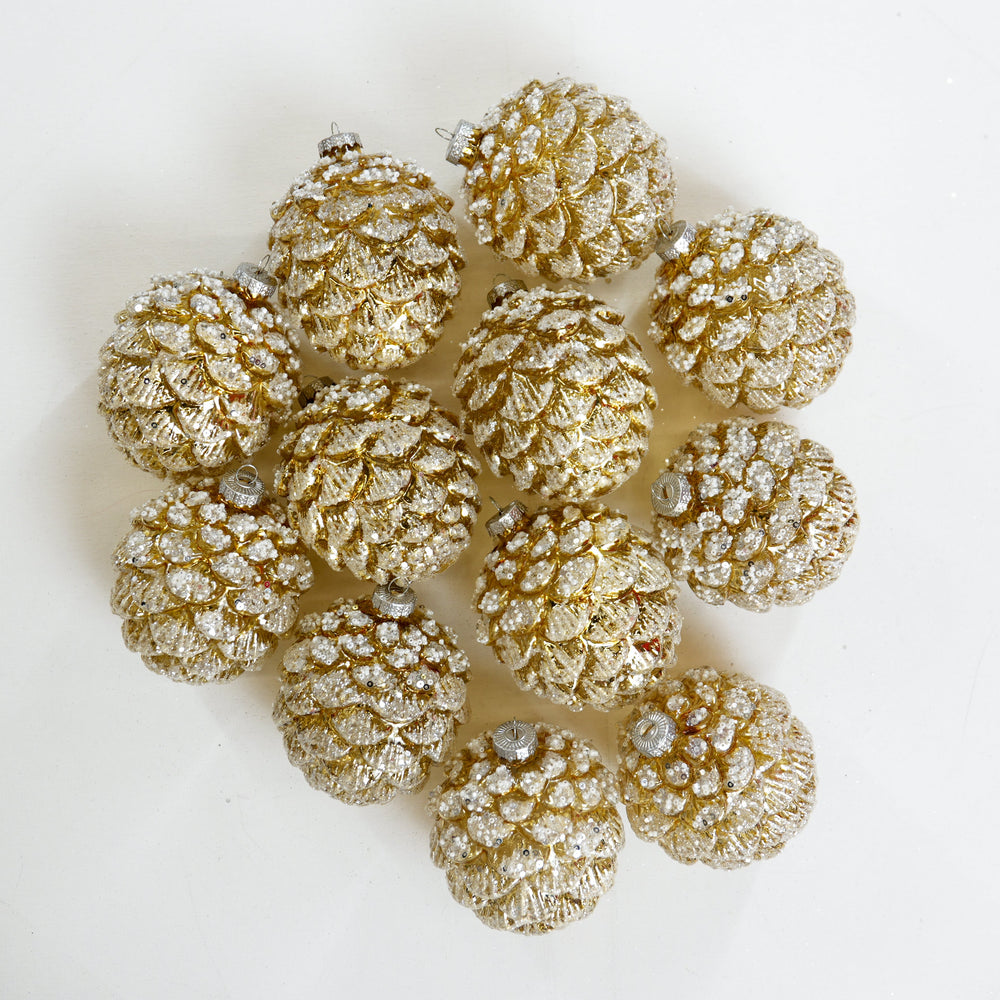 4" Gold Frosted Sequin Pinecone Glass Ornament Set Of 12