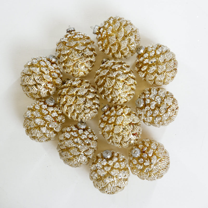 Set de 12 adornos de cristal de piña con lentejuelas doradas esmeriladas de 10 cm