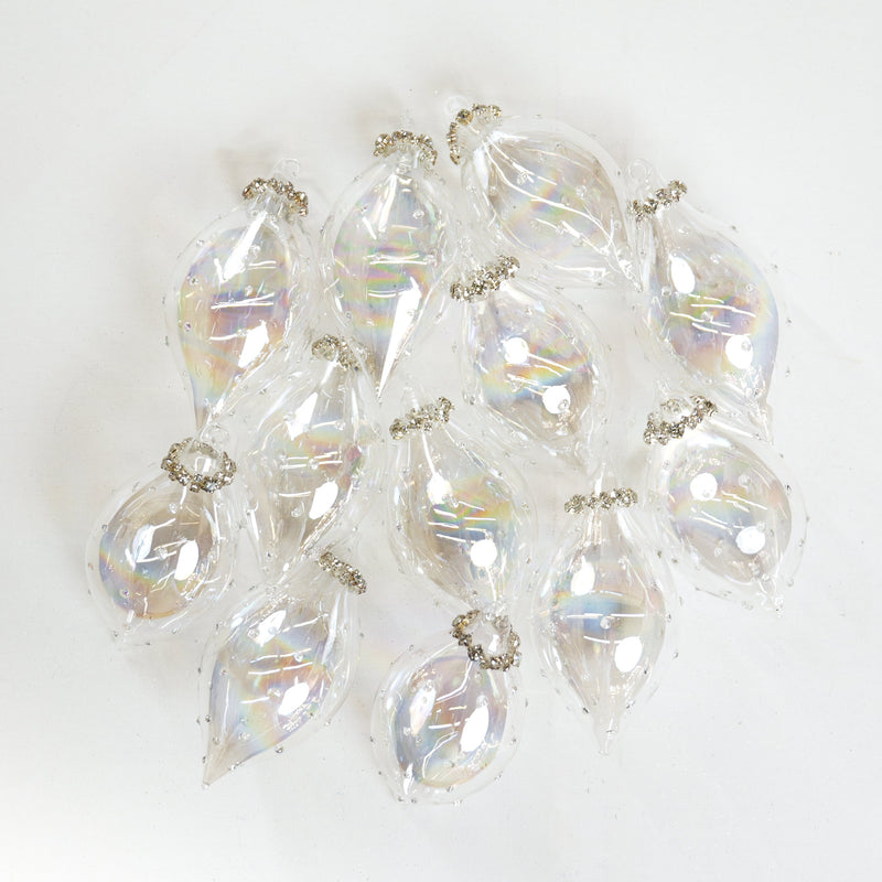 6" Clear Iridescent Beaded Glass Finial Ornament Set Of 12