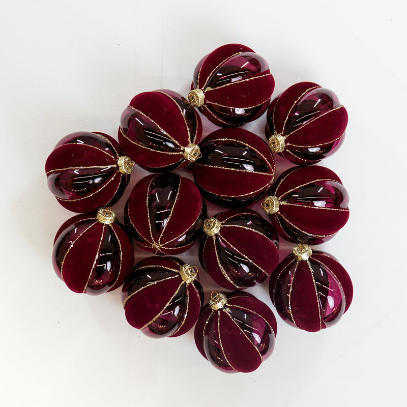 4" Burgundy Velvet Glass Ball Ornament Set Of 12