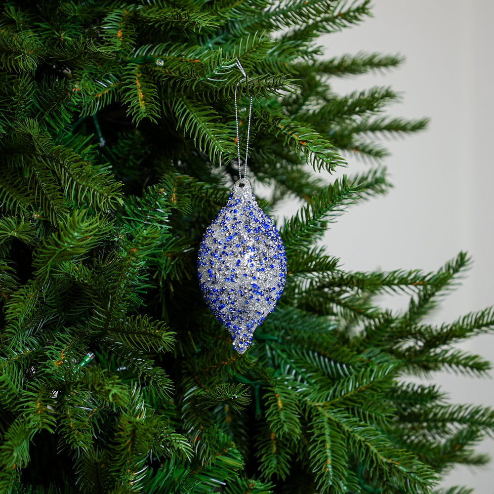 5" Silver Blue Beaded Finial Ornament Set of 12
