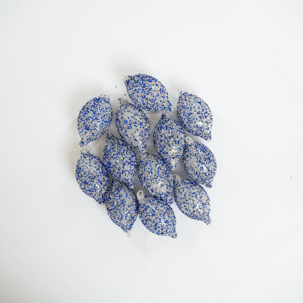 5" Silver Blue Beaded Finial Ornament Set of 12