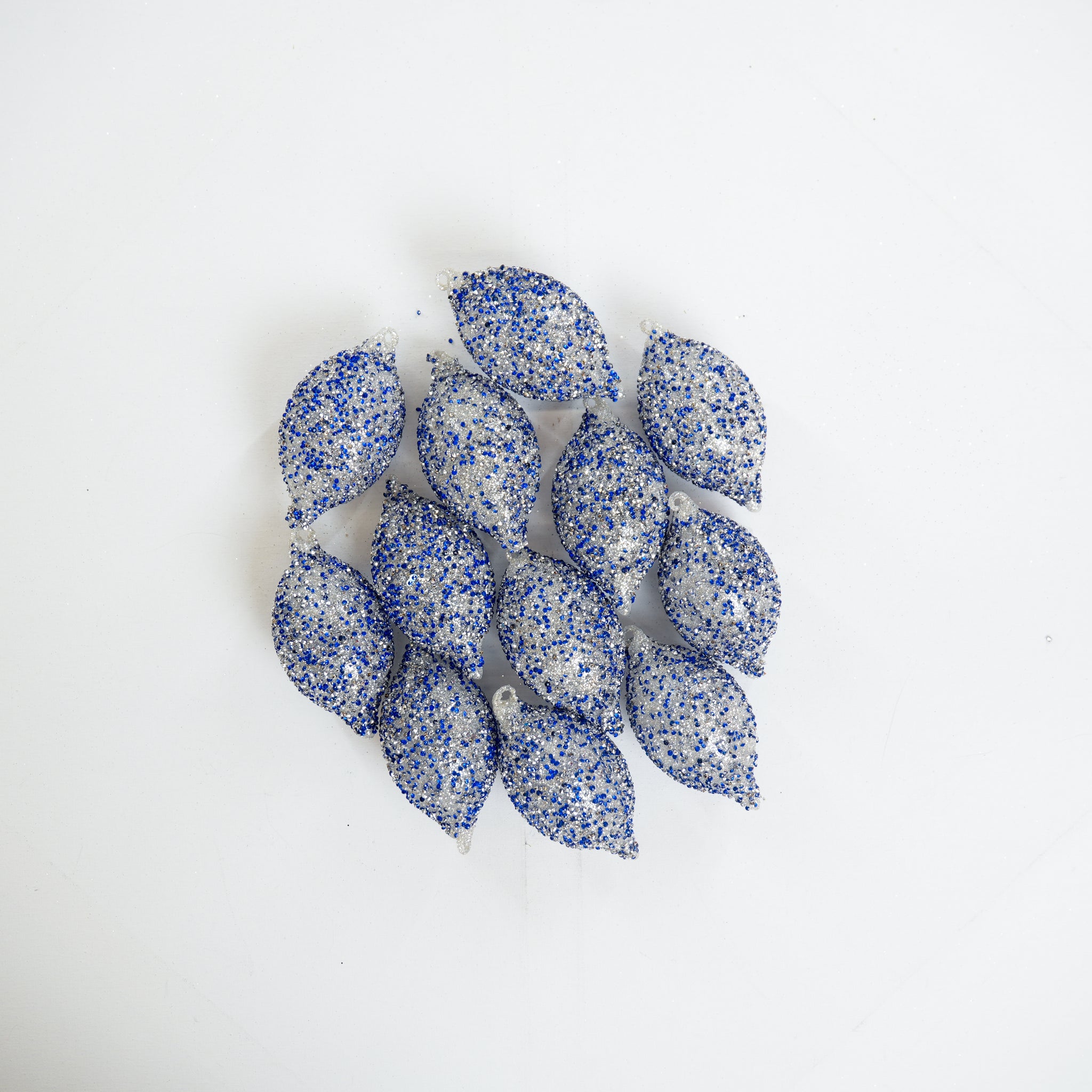 5" Silver Blue Beaded Finial Ornament Set of 12