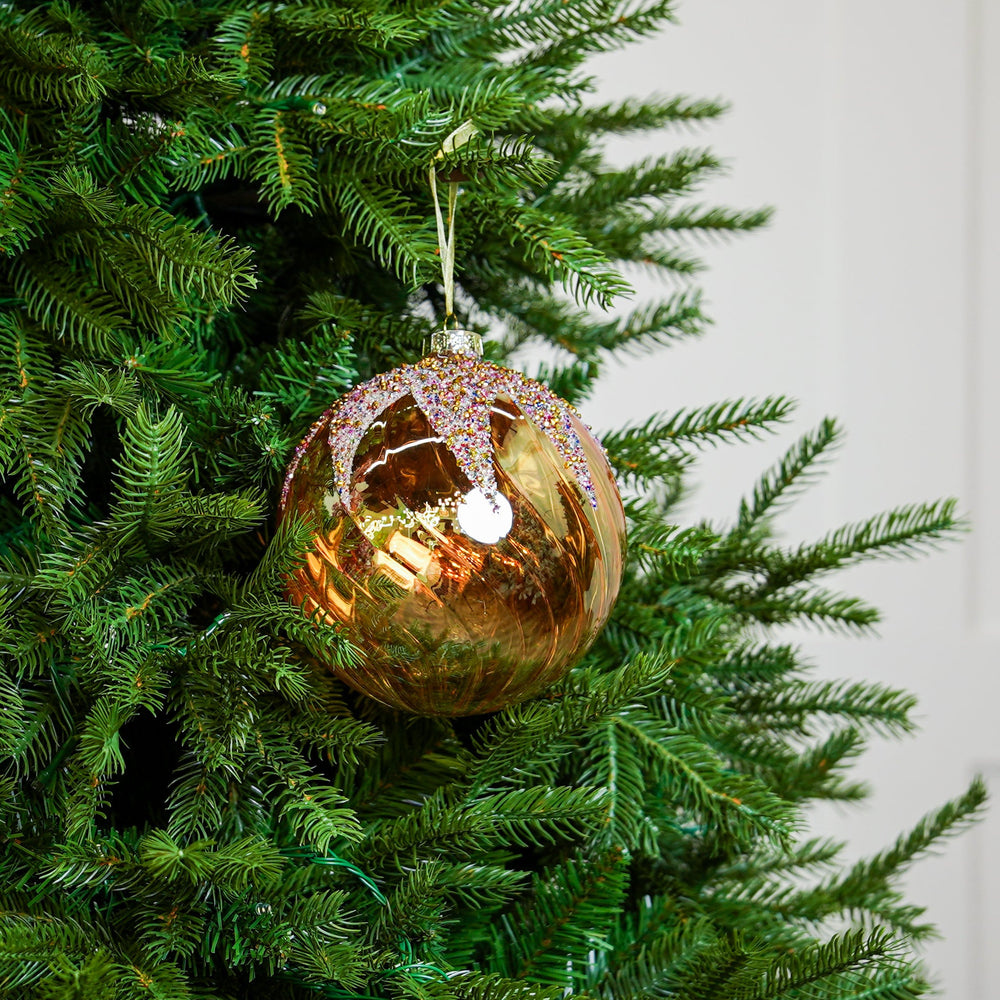 6" Amber Glitter Beaded Glass Ball Ornament Set Of 4