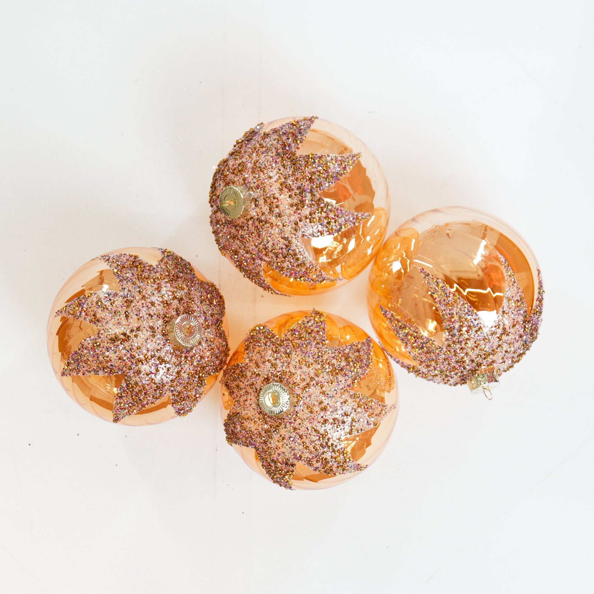6" Amber Glitter Beaded Glass Ball Ornament Set Of 4