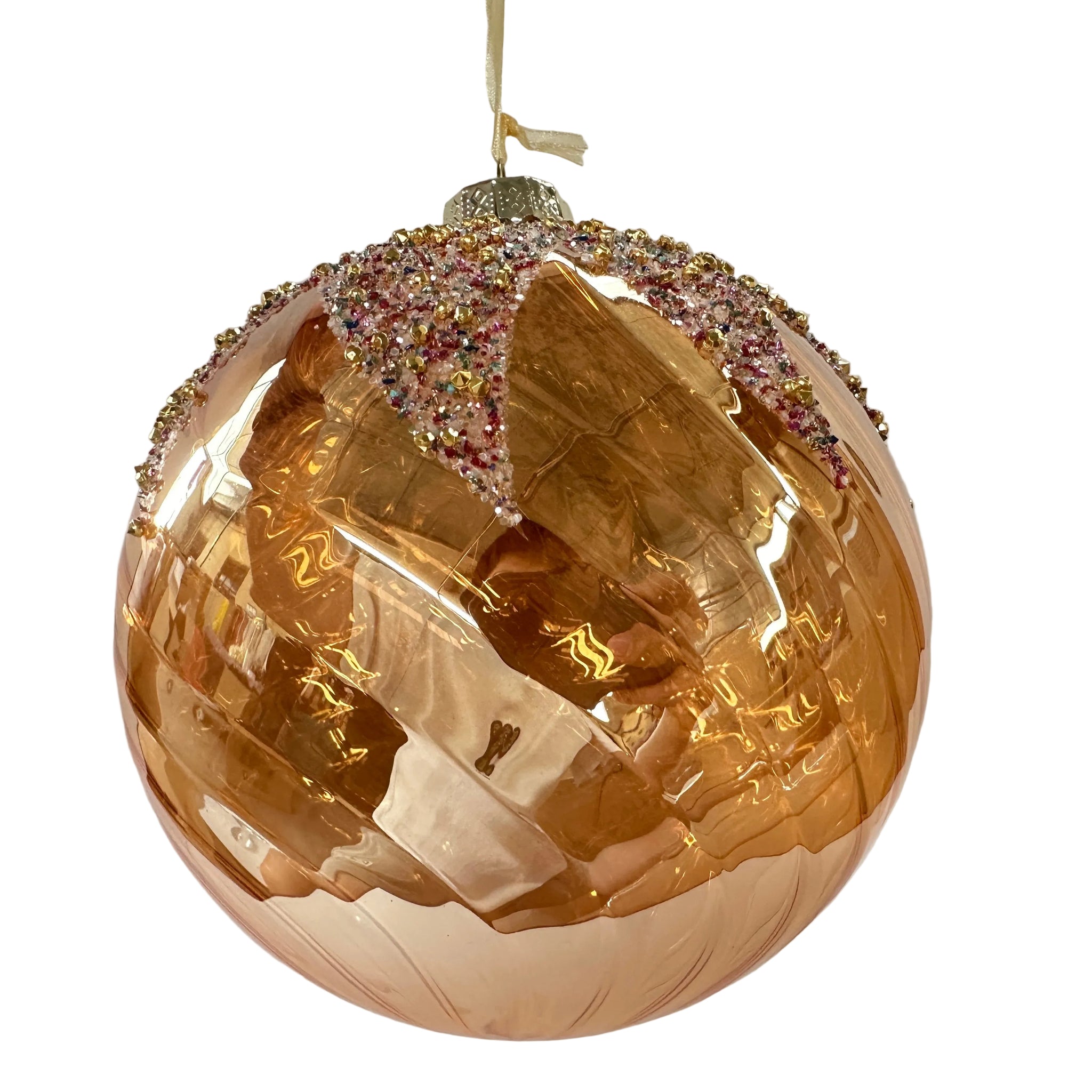 6" Amber Glitter Beaded Glass Ball Ornament Set Of 4