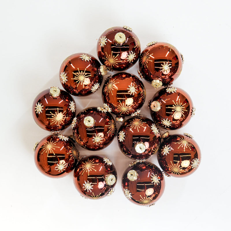 4" Espresso Gold Snowflake Glass Ball Ornament Set Of 12