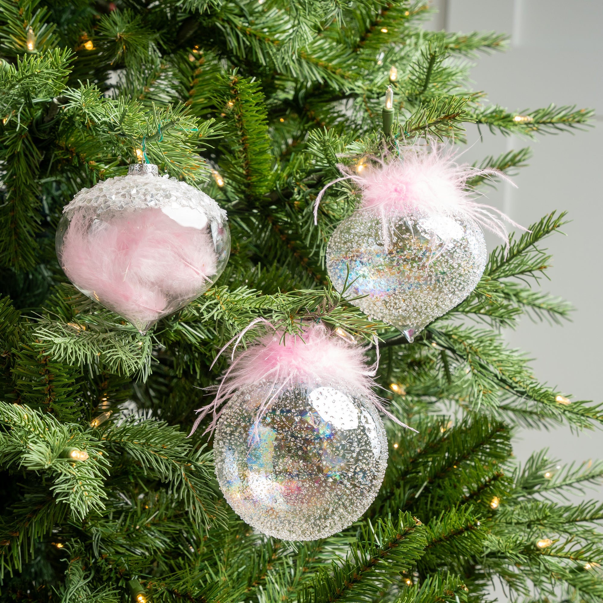 Vintage Pink Glass Christmas Ornaments, Bottle Brush Tree, Chandelier  Garland Romantic Homes Crystal Prisms White Feather Christmas Tree