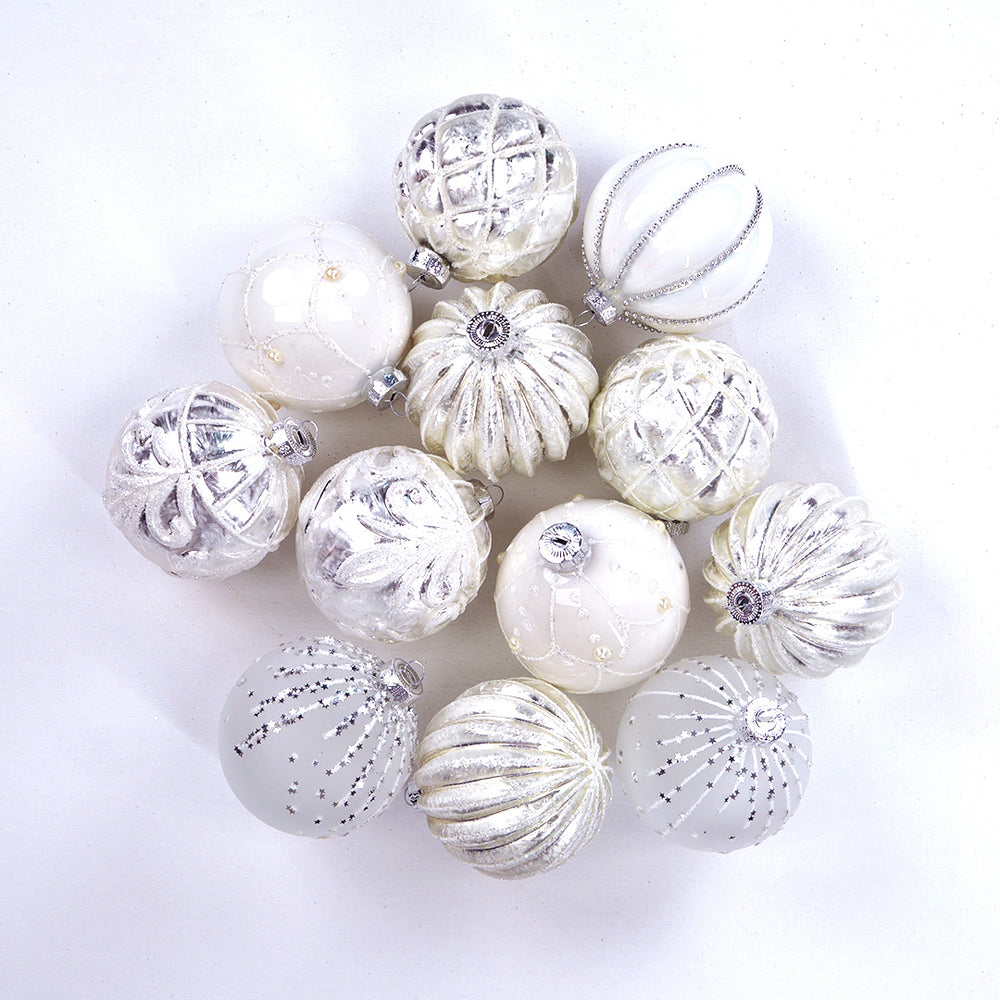 3" Cream Decorative Assorted Glass Ornamentl Set Of 12