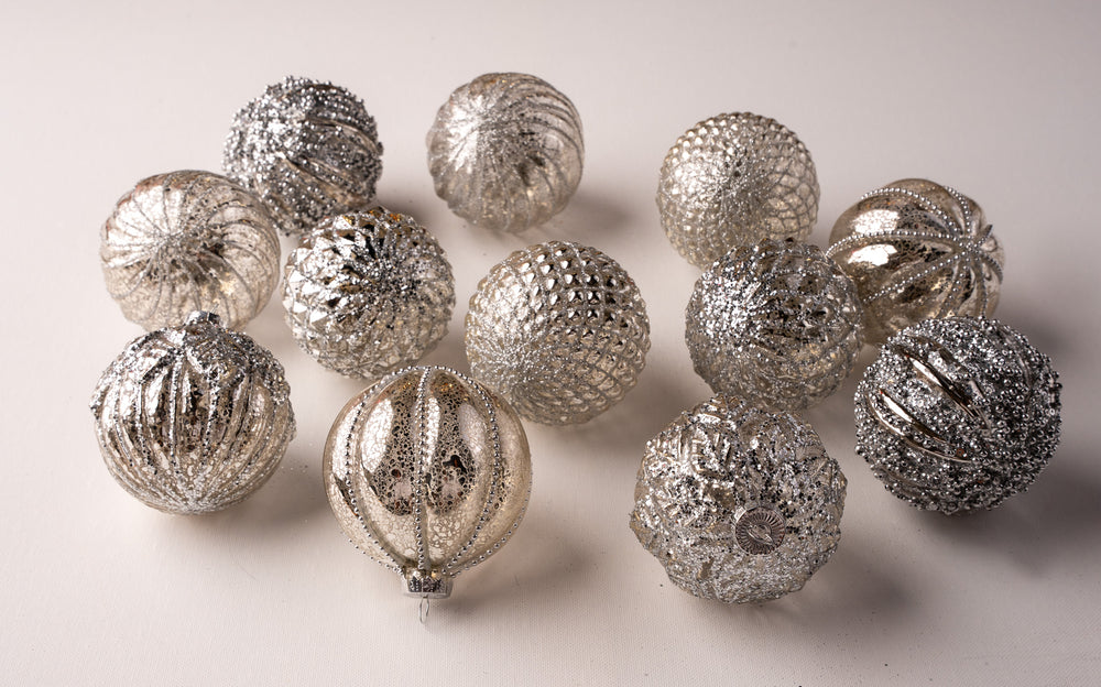 3" Pewter Ball Glass Ornament Assorted Set Of 12