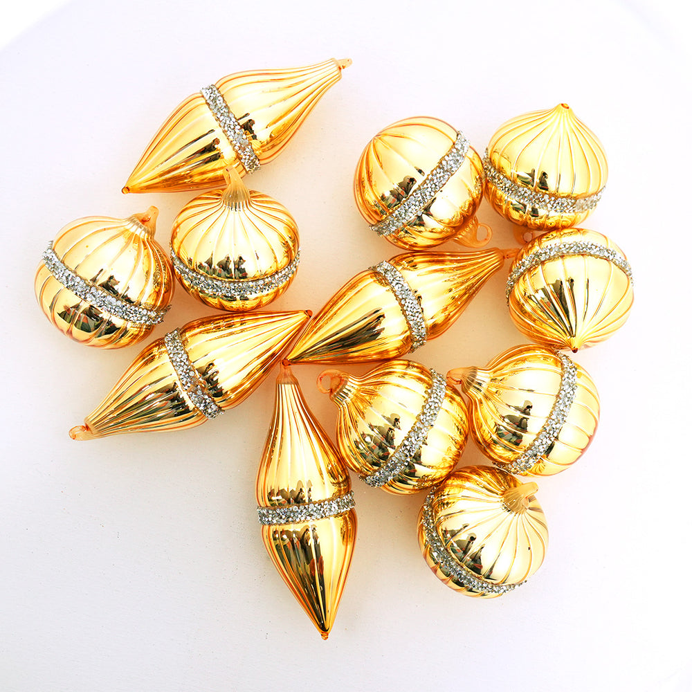 3" Shiny Gold Ball Ornament With Jewels Set Of 12