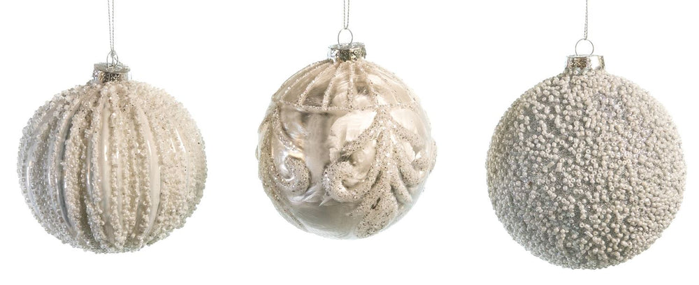 4" Glass White Ball Decorative Ornament Assorted Set Of 12