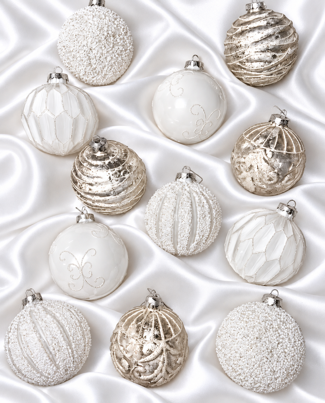 4" White Decorative Glass Ball Ornament Assorted Set Of 12