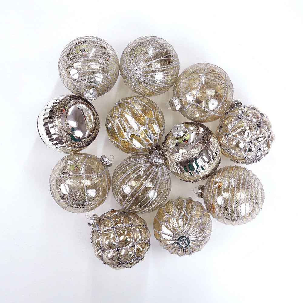 4" Pewter Glass Ball Ornament Assorted Set Of 12