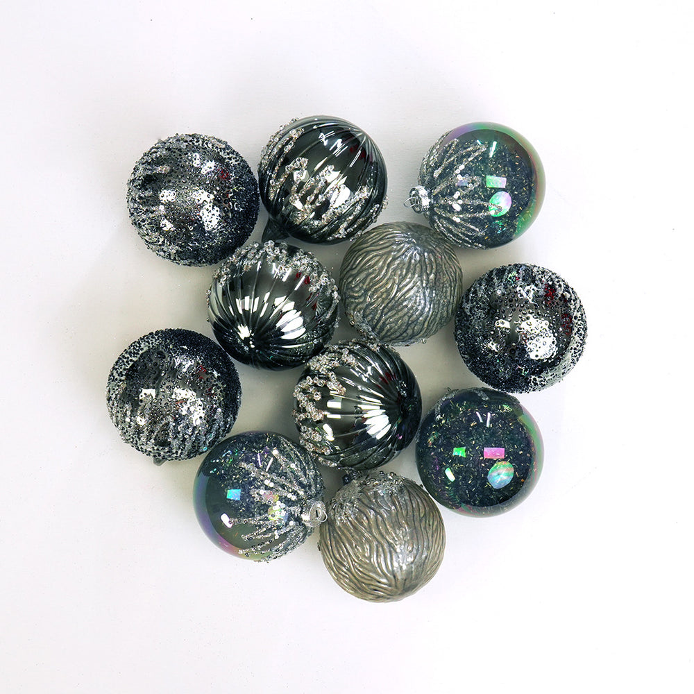 4" Grey & Silver Decorative Ball Ornament Assorted Set Of 12
