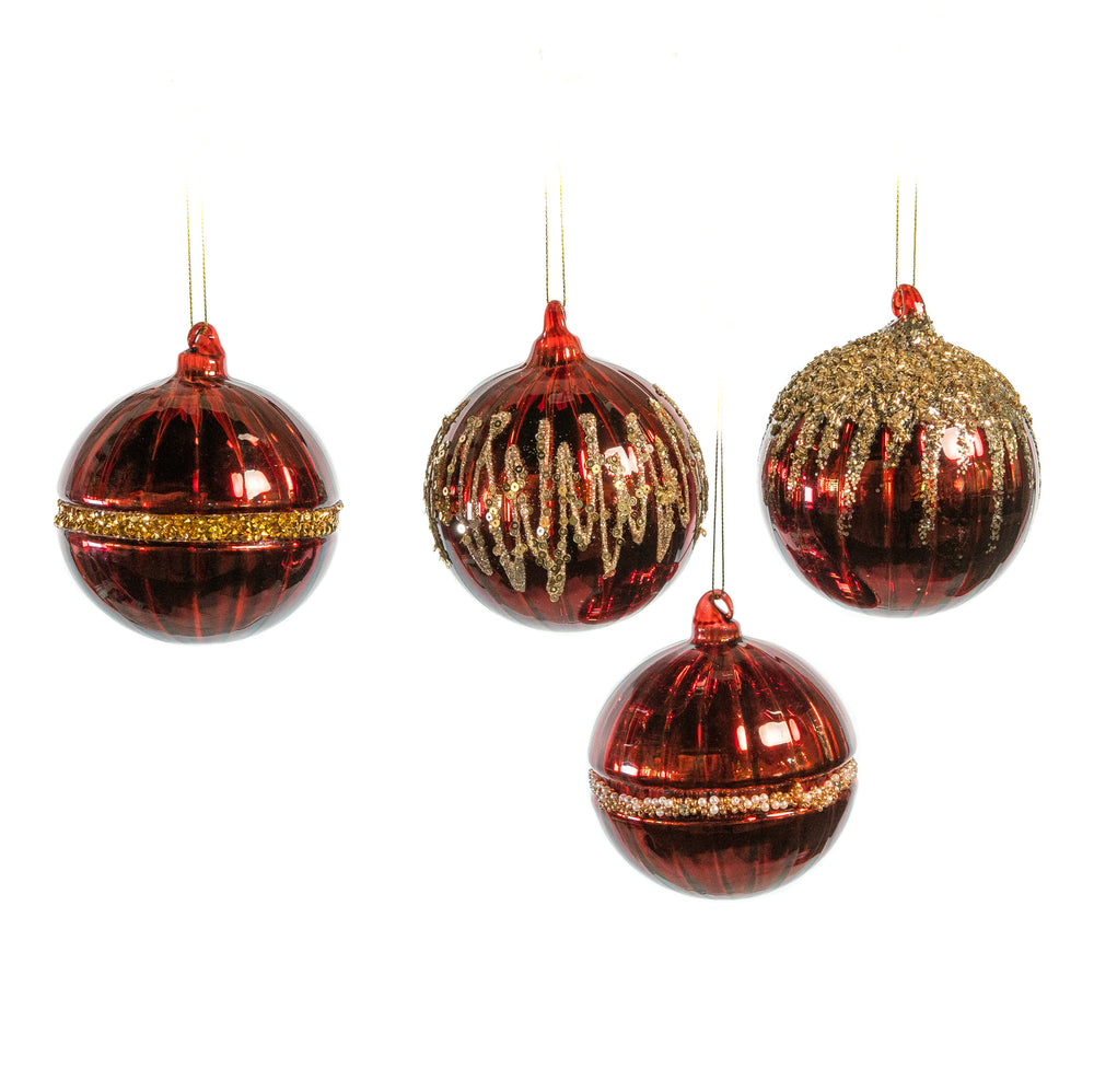 4" Red Glass With Decorative Glitter Ornament Set Of 12