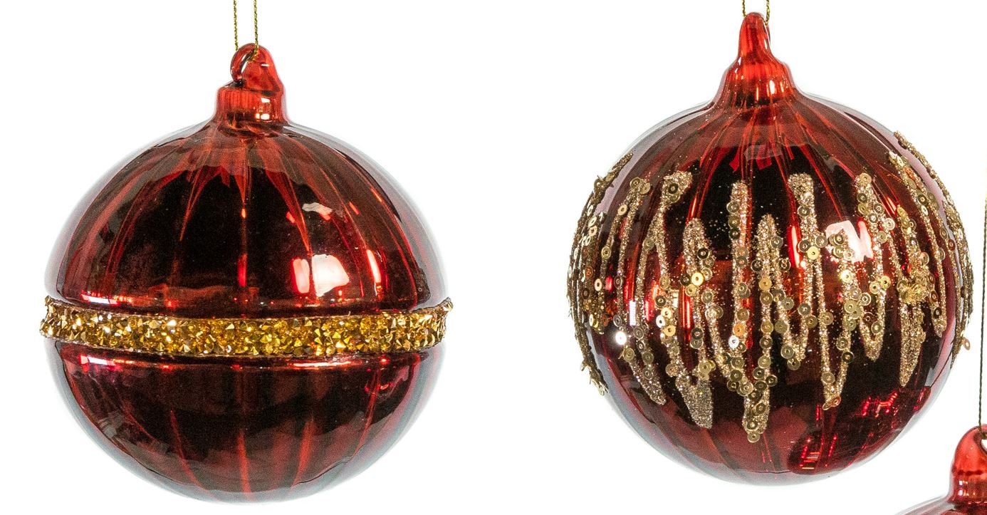 4" Red Glass With Decorative Glitter Ornament Set Of 12