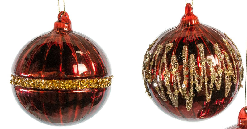 Set de 12 adornos de cristal rojo de 4" con purpurina decorativa