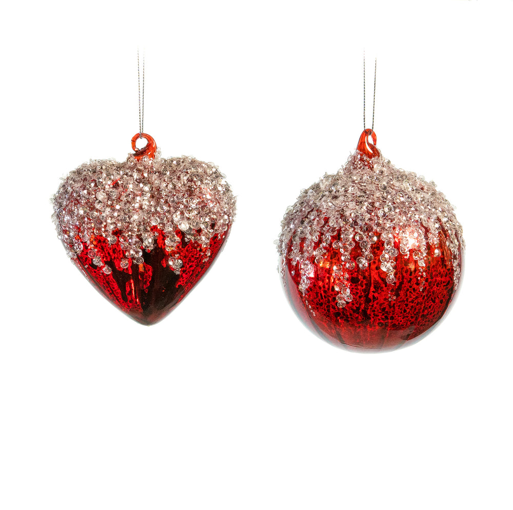 4" Red Heart & Ball Glitter Ornament Assorted Set Of 12
