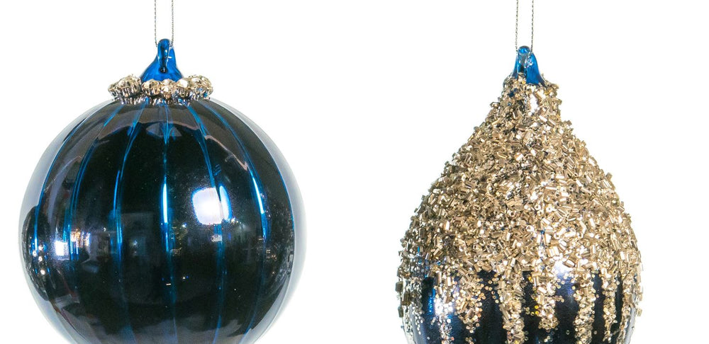 4" Blue Shiny Beaded Ornament Assorted Set Of 12