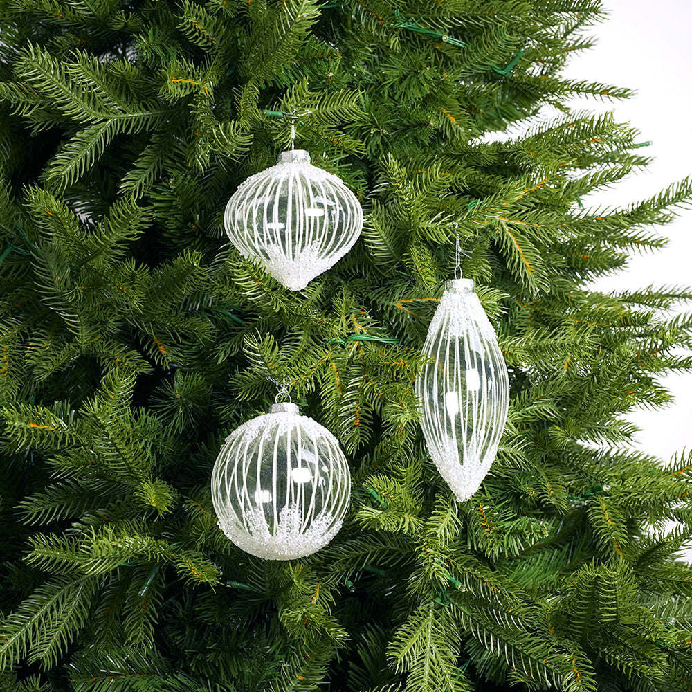 4" Crystal White Beaded Ornament Assorted Set Of 12