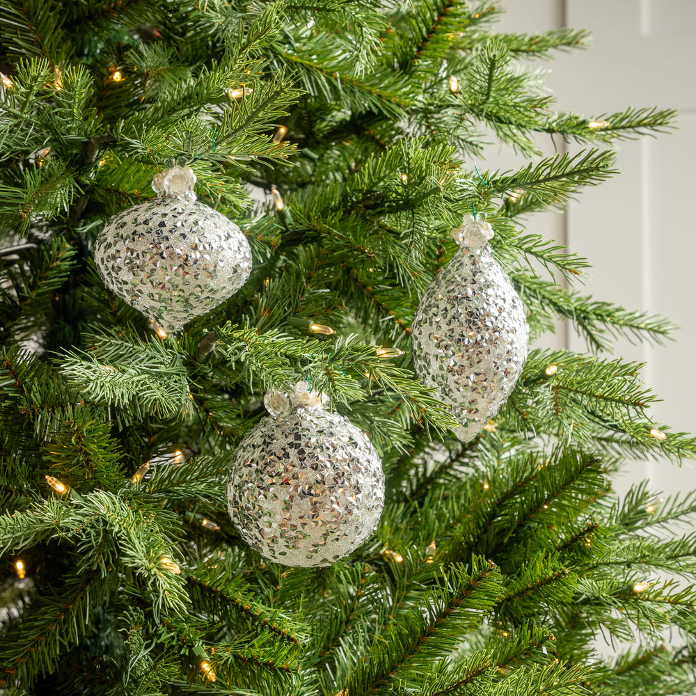 4" Silver Glitter Ornament Assorted Set Of 12