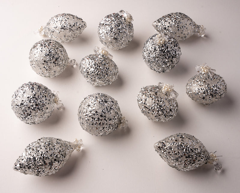 4" Silver Glitter Sequin Ornament Assorted Set Of 12