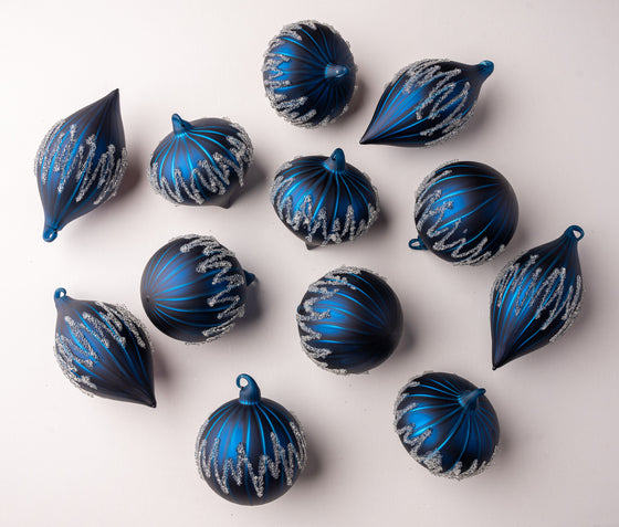 4" Blue Matte Decorative Ornament Assorted Set Of 12