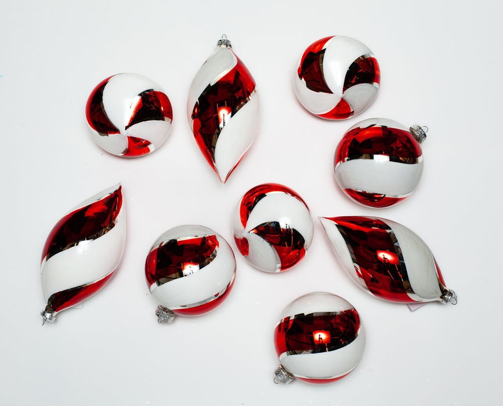 5" Red & White Spiral Ornament Assorted Set Of 9