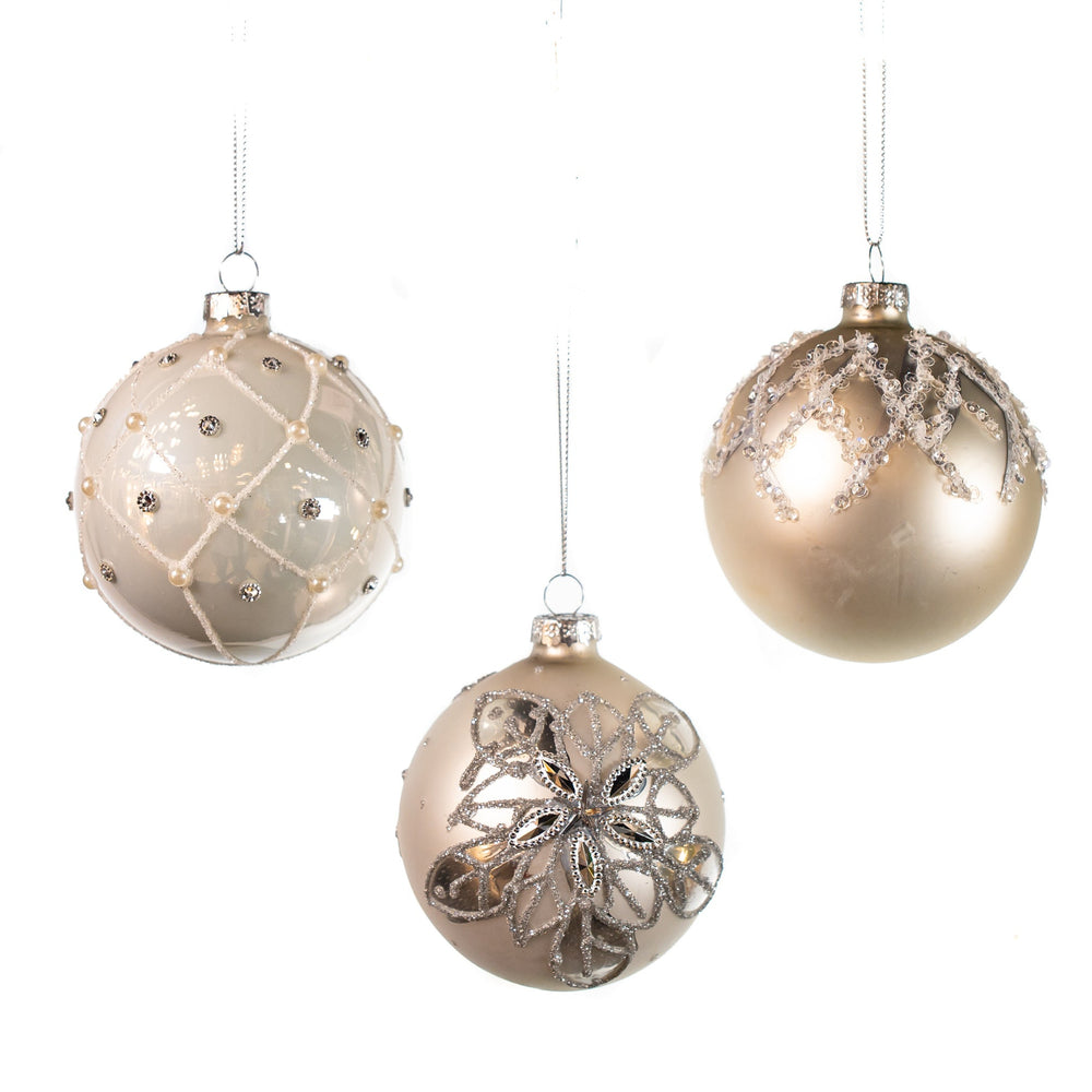 3" Cream & White Glitter Glass Set Of 12