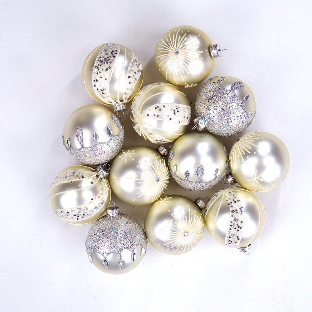 3" Matte Silver Glass With Glitter Assorted Ornament Set Of 12