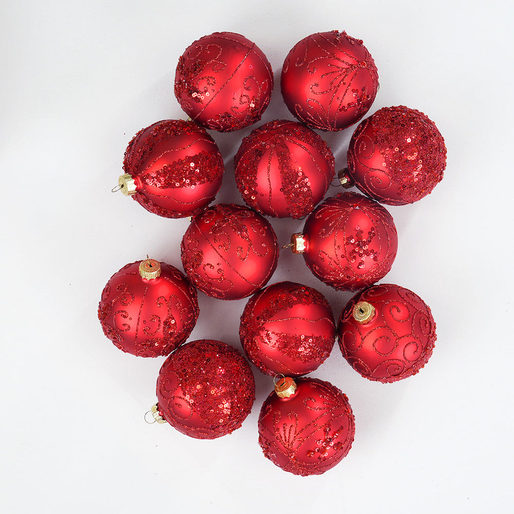 3" Red Matte With Red Glitter Assorted Ornament Set Of 12