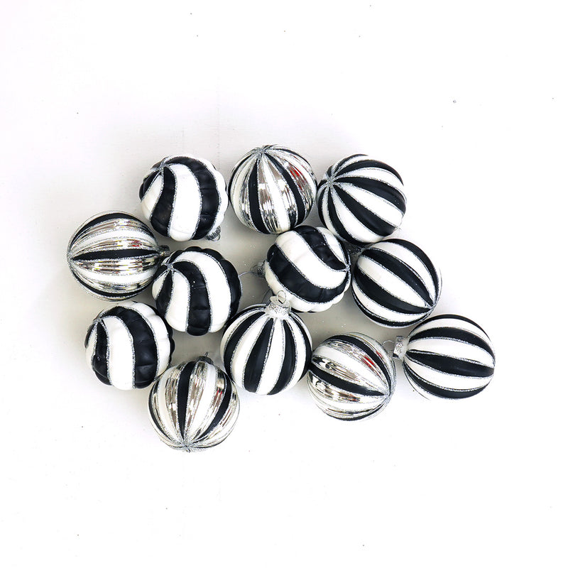 3" Black & White Glitter Glass Ball Ornament Assorted Set Of 12