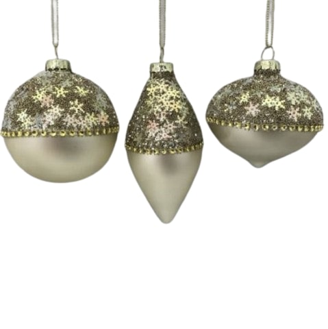 3" Champagne With Gold Beads & Sequins Assorted Ornament Set Of 12