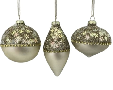 3" Champagne Beaded & Sequin Ornament Assorted Set Of 12