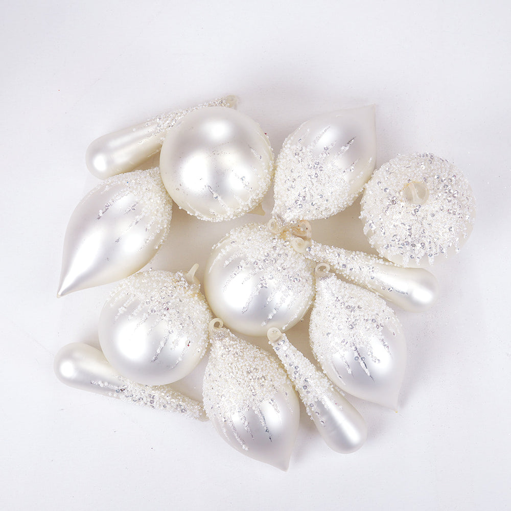 4" White Matte & Glitter Ornament Assorted Set Of 12