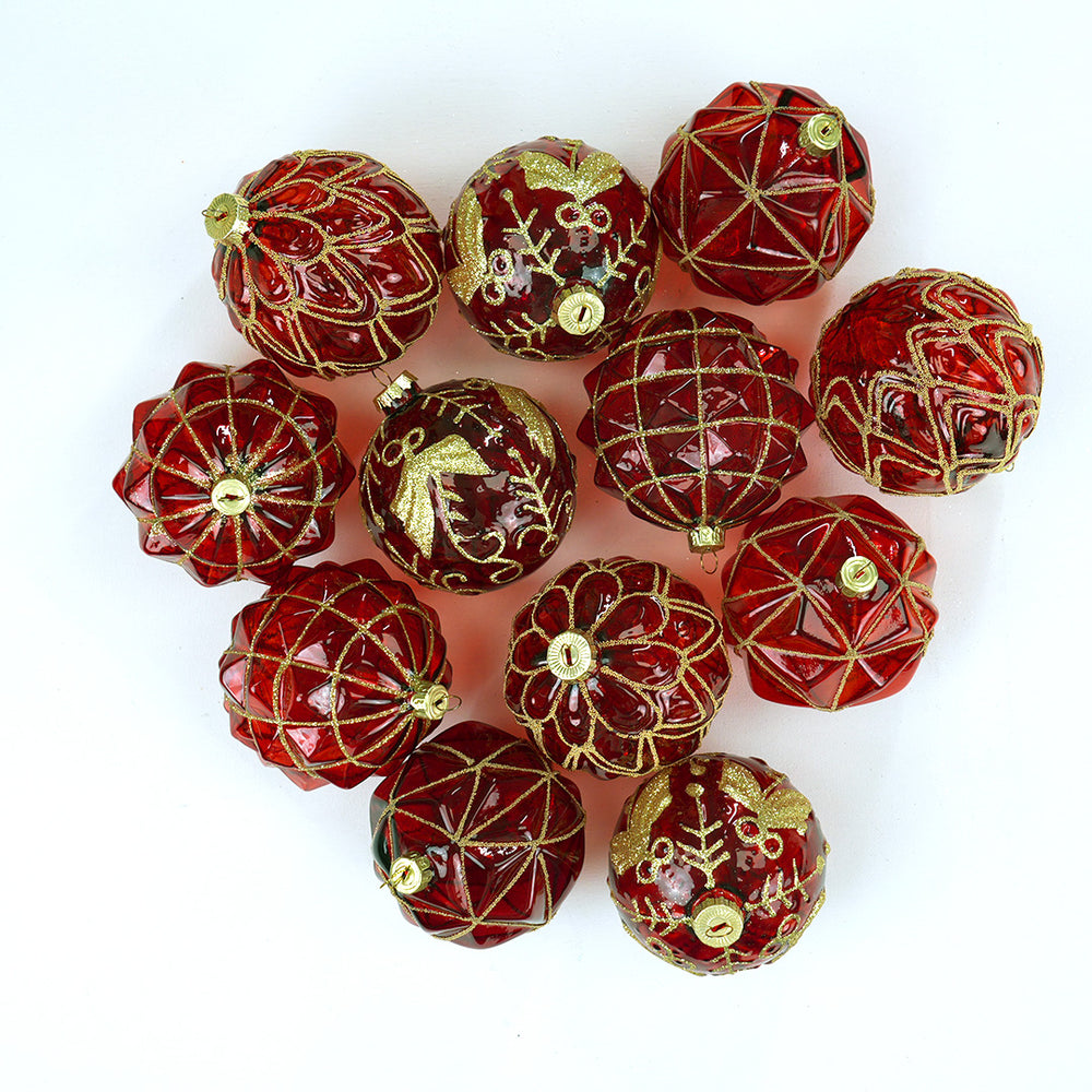 4" Red With Gold Assorted Ornament Set Of 12