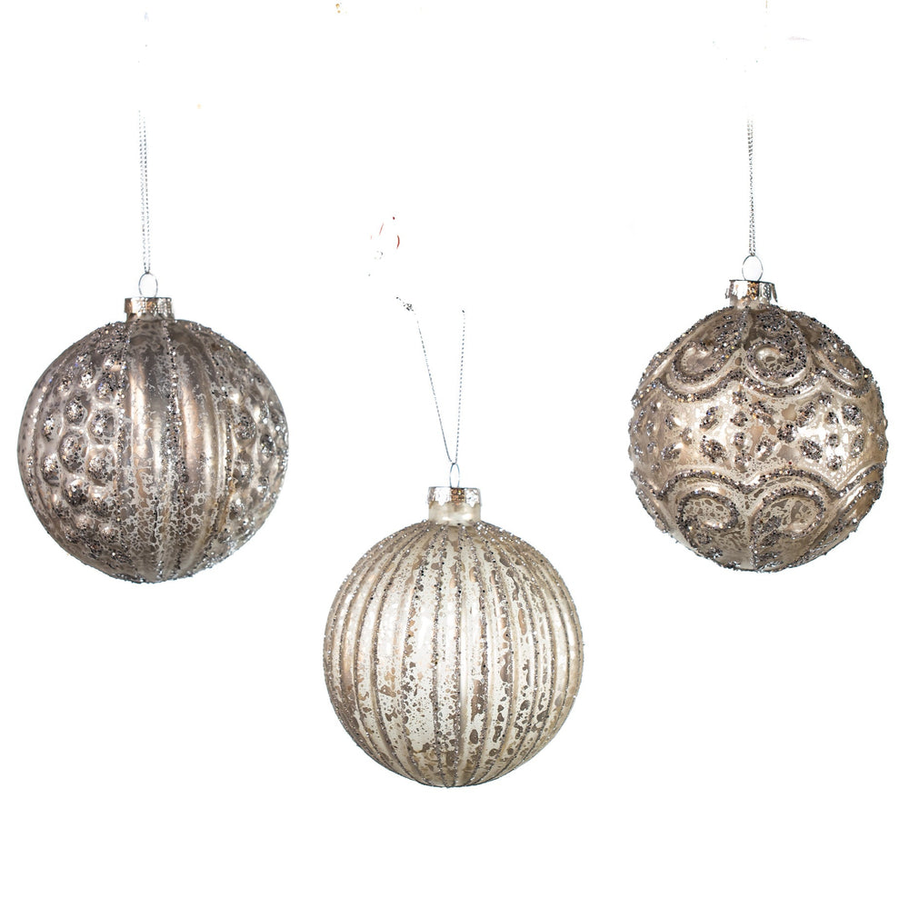 4" Silver Glittered Assorted Ornament Set Of 12
