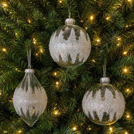 4" Clear Beaded Glass Ornament Assorted Set Of 12