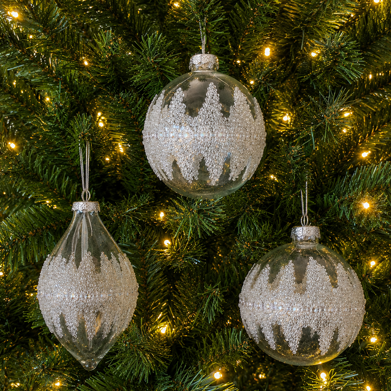 4" Clear Beaded Glass Ornament Assorted Set Of 12
