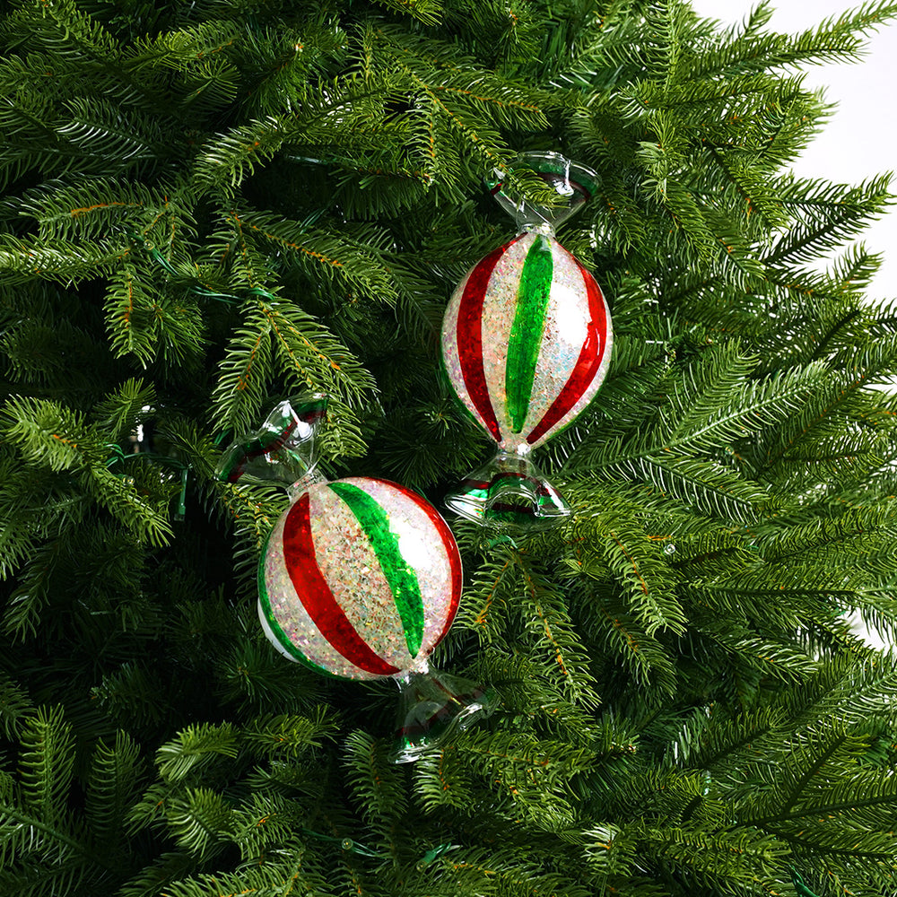 8" Red & Green Candy Lighted Ornament Assorted Set Of 2