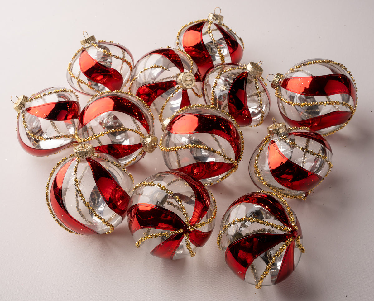4" Red & Gold Striped Ornament Assorted Set Of 12
