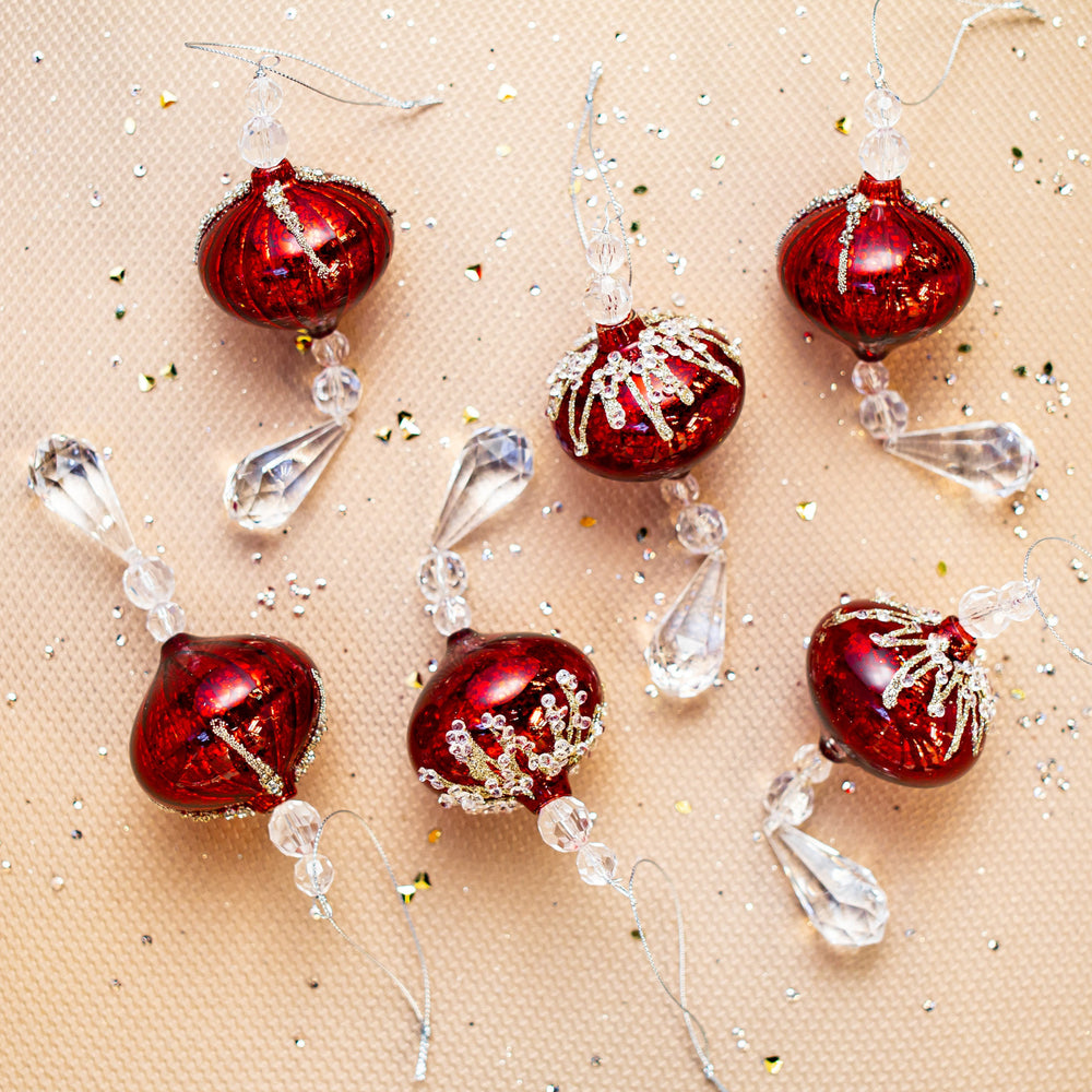 7" Red Mercury Jeweled Onion Drop Set Of 6