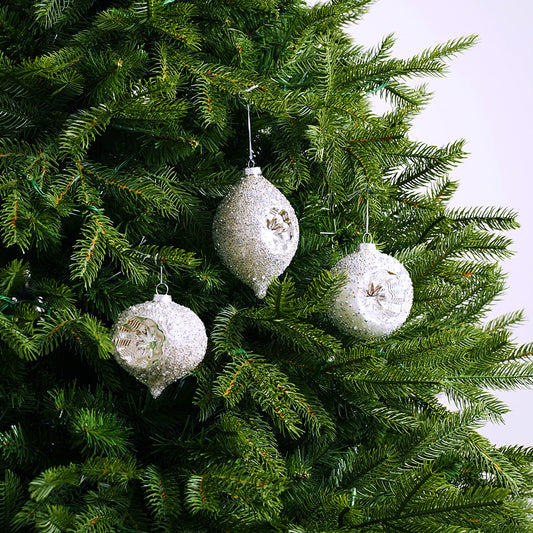 3"-5" Silver Beaded Ornament Assorted Set Of 12