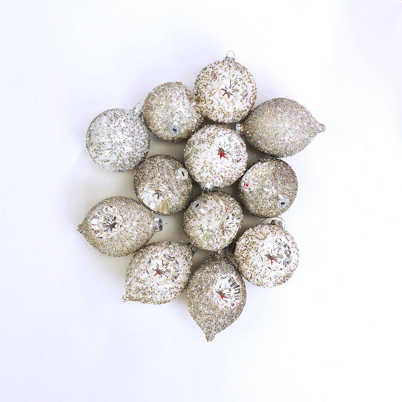 3"-5" Silver Beaded Ornament Assorted Set Of 12