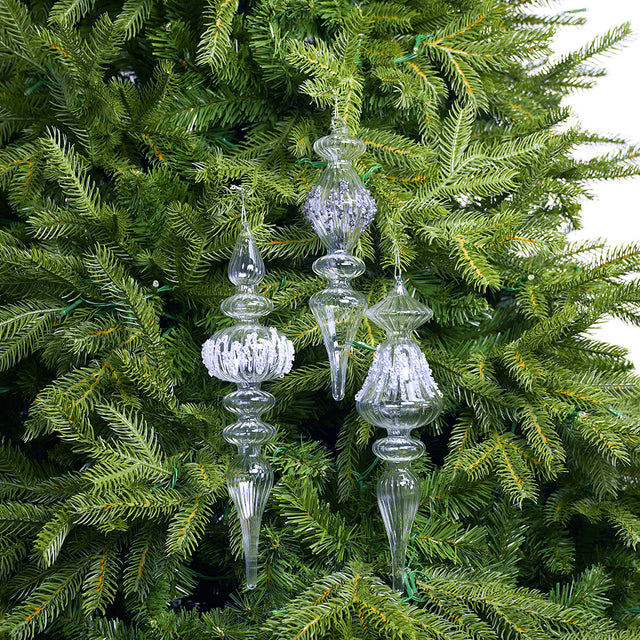 13" Clear Glitter Beaded Finial Ornament Assorted Set Of 3