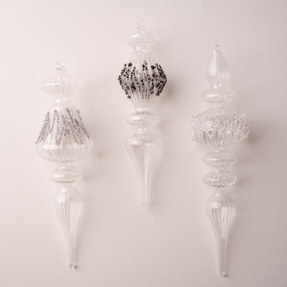 13" Clear Glitter Beaded Finial Ornament Assorted Set Of 3