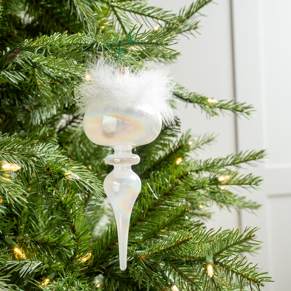 8" White Iridescent Feathered Finial Set Of 6